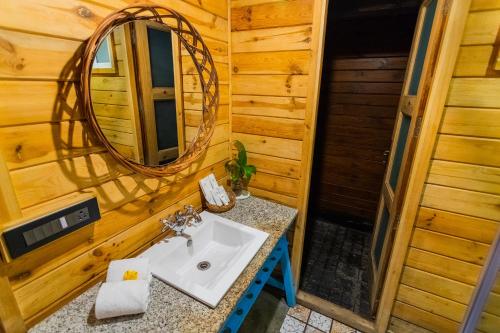 a bathroom with a sink and a mirror at Polo Cherrapunjee Resort in Cherrapunji