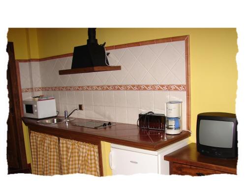 a kitchen with a counter top and a tv at La Boticaria Casa Rural Apartamento in Descargamaría