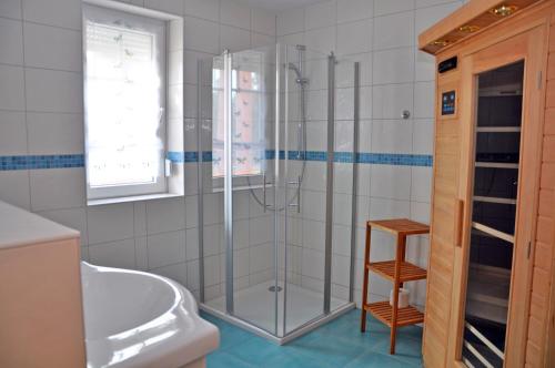 y baño con ducha, aseo y lavamanos. en Ferienhaus Müritzbrise / EG-Appartement en Marienfelde