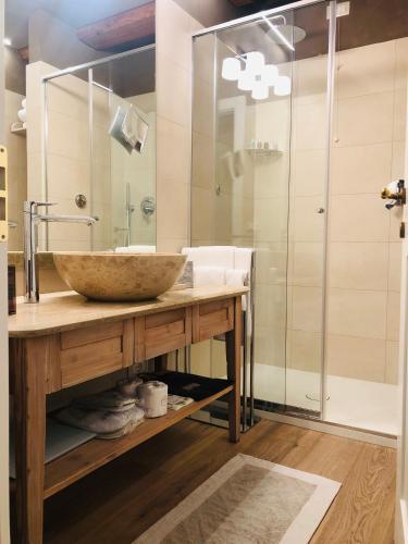a bathroom with a bowl sink and a shower at La Barchessa di Villa Pisani in Lonigo