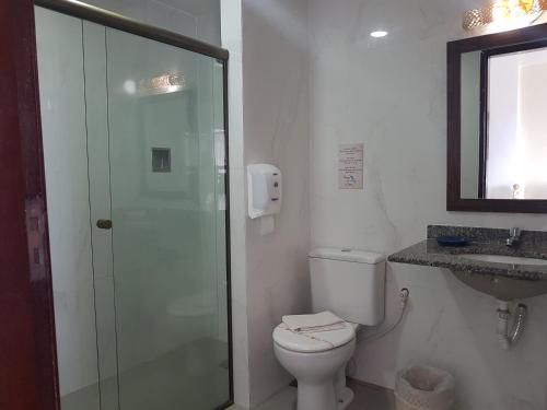 a bathroom with a shower and a toilet and a sink at Pousada do Albatroz in Cabo Frio