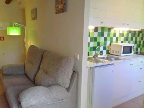 a living room with a couch and a microwave at Apartamentos Bergantes in Ortells