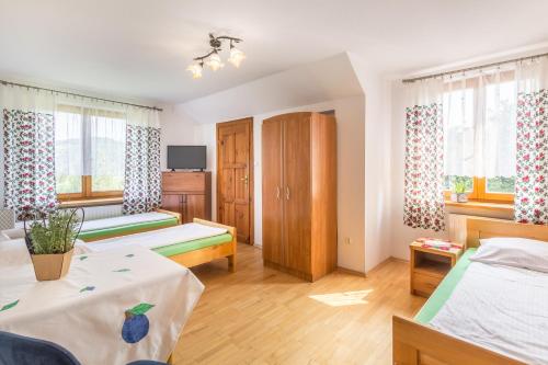 a large room with two beds and a tv at Wiśniowy Gaj in Ujanowice