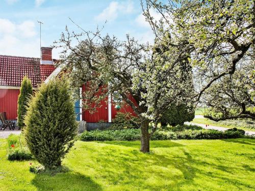 un árbol en un patio frente a una casa roja en 4 person holiday home in S DER KRA, en Söderåkra