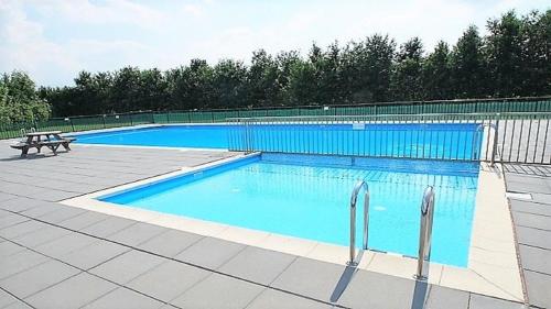a large swimming pool with a picnic table next to it at The Black House - Luxurious Holiday Villa Zeewolde in Zeewolde