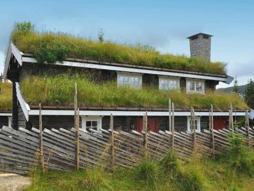 a house with a green roof with a grass at 8 person holiday home in F vang in Tromsnes