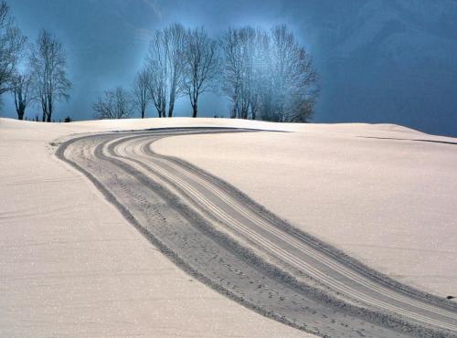 a road in the snow with trees in the background at Hotel - Pension Ötzmooshof in Sankt Johann im Pongau
