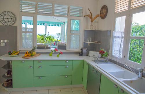 a kitchen with green and white cabinets and windows at Villa Joland in Sainte-Anne