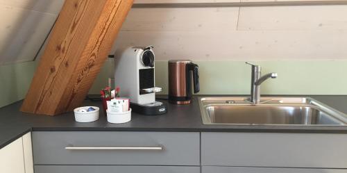 encimera de cocina con fregadero y microondas en BnB Hopfengrün Langenthal en Langenthal