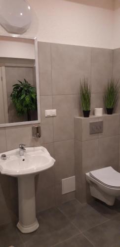 a white toilet sitting next to a sink in a bathroom at Noclegi Gwardia in Koszalin