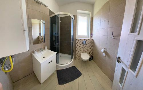 uma casa de banho com um lavatório, um chuveiro e um WC. em Apartmán Pod Klinom em Pribylina
