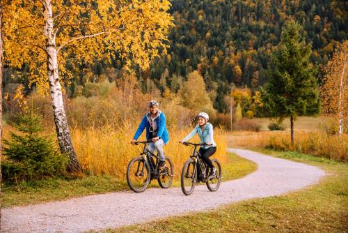 two people riding bikes down a road at Biobauernhof und Ferienhaus Riederbauer in Rettenschöss