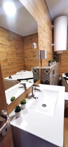 a bathroom with a white sink and wooden walls at Canti apartments in Novi Sad