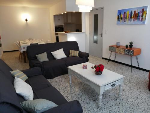 - un salon avec un canapé noir et une table blanche dans l'établissement BEL APPARTEMENT SPACIEUX CENTRE VILLE UZES T3, à Uzès