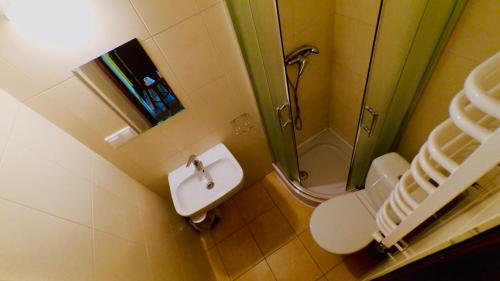 a bathroom with a shower and a toilet and a sink at Ośrodek Wypoczynkowo-Szkoleniowy HALNY in Zawoja