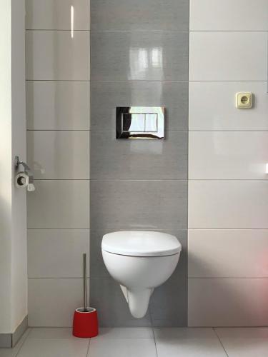 a bathroom with a white toilet in a room at Penzion Vila Machů in Kopřivnice