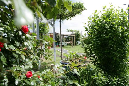 a garden with roses and a gazebo in the background at Auberge L'Art in Erfurt