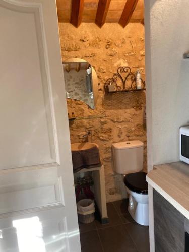 une petite salle de bain avec toilettes et lavabo dans l'établissement Petit studio Le Pigeonnier à 5 mn de Lourmarin, à Puyvert