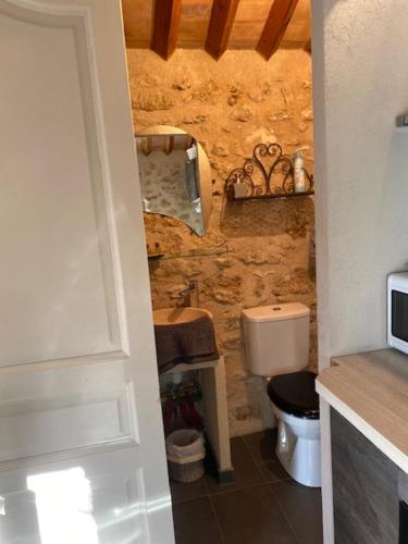a small bathroom with a toilet and a sink at Petit studio Le Pigeonnier à 5 mn de Lourmarin in Puyvert