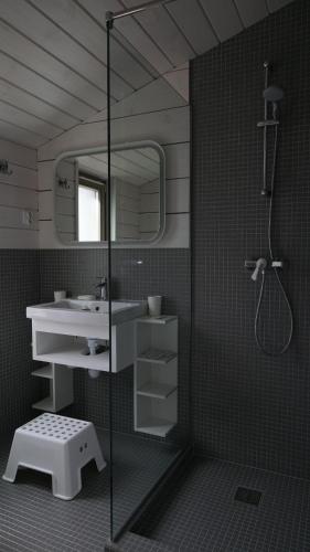a bathroom with a sink and a shower at Edimonovo Village in Yedimonovo