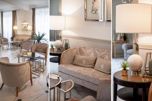 two pictures of a living room with a couch and tables at Hotel Lido in Alassio