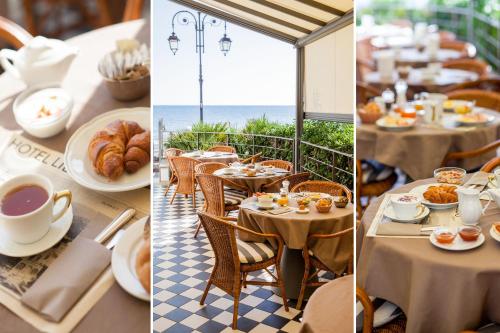 a table with croissants and cups and plates of food at Hotel Lido in Alassio
