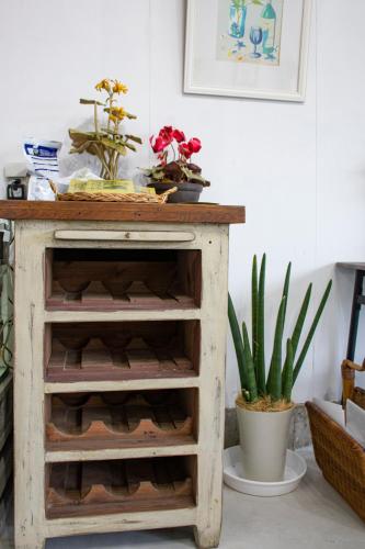a wooden table with some plants on top of it at Guest Cafe Kuchikumano in Kamitondacho