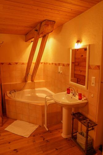 une salle de bain avec une baignoire et un lavabo dans l'établissement Le Moulin du Bateau - Maison d'hôtes, à Léotoing