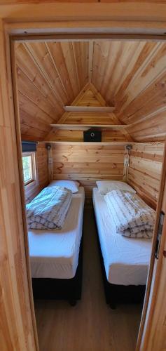 a room with two beds in a wooden cabin at Finse Kota - Tiny House in Oostkapelle