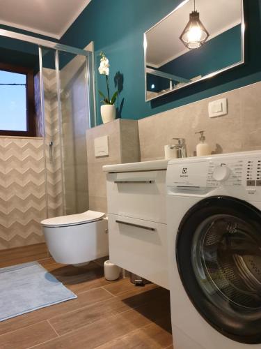 a bathroom with a washing machine and a toilet at Apartments Sorgo in Novigrad Istria