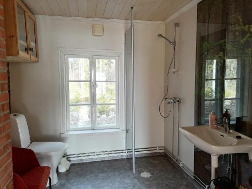 een badkamer met een douche, een wastafel en een toilet bij Huset Alvina in Korsnäs