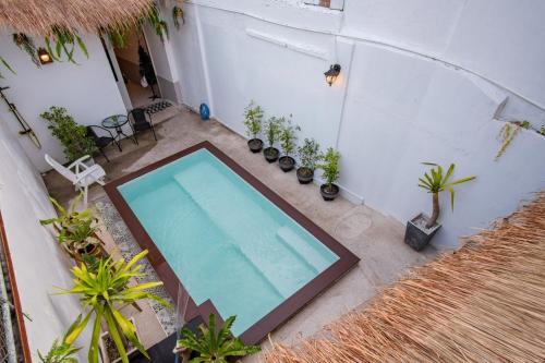 an overhead view of a swimming pool in a room with plants at Isara Boutique Hotel and Cafe in Phuket Town
