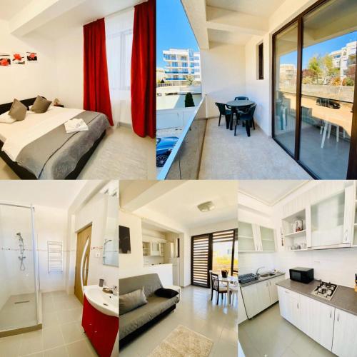 a collage of photos of a bedroom and a living room at Apartament Ella D25 Mackerel in Mamaia Sat/Năvodari