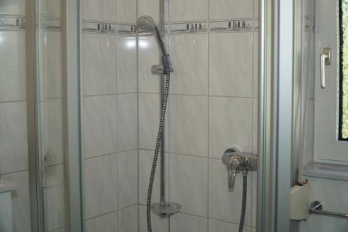 a shower with a shower head in a bathroom at Hotel-Pension Am Böhmepark in Soltau