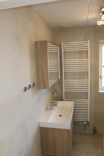 a bathroom with a sink and a mirror at Strandperle 264 mit Sauna und Kamin in Julianadorp