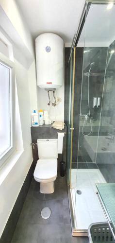 a bathroom with a toilet and a glass shower at Acogedor apartamento en Ronda Outeiro 210 in A Coruña