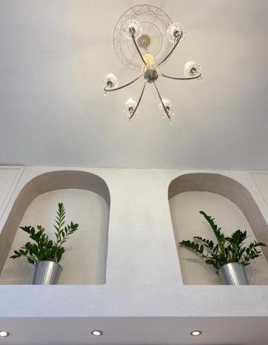 a ceiling with a chandelier and two vases with plants at Domus Valadier B&B Guesthouse in Fiumicino