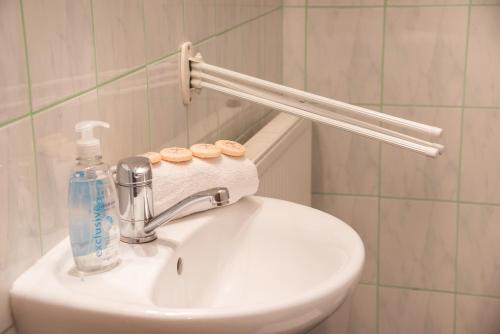a sink with a soap dispenser and a bottle of water at Garni Limbový Dvor in Vrbov