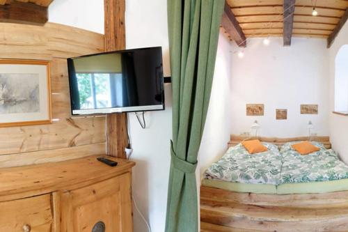 ein Schlafzimmer mit einem Bett und einem TV an der Wand in der Unterkunft Ferienwohnung Beerengarten 