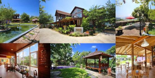 a collage of four pictures of a house at Moon River Villa in Puli