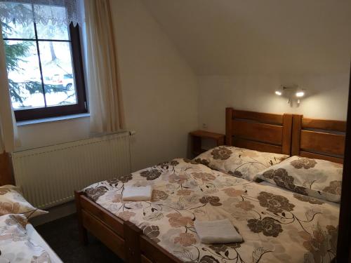 a bedroom with two beds and a window at Chalupa a apartmány Lojka in Benecko