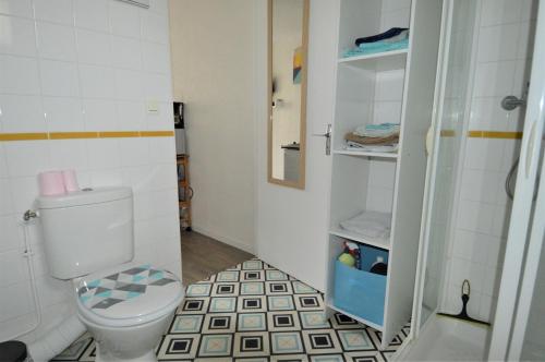 ein kleines Bad mit einem WC und einer Dusche in der Unterkunft Le Cocon de Neptune in Arromanches-les-Bains