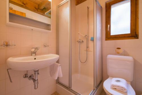a bathroom with a sink and a shower and a toilet at Chalet Mar'Mot in La Tzoumaz