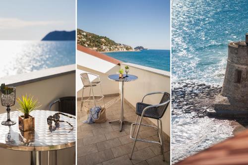 two views of the ocean and a balcony with a table and chairs at Hotel Lido in Alassio