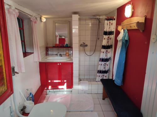 uma casa de banho com um lavatório e uma cortina de chuveiro vermelha. em Ferienkate Kap Eiderstedt em Westerhever