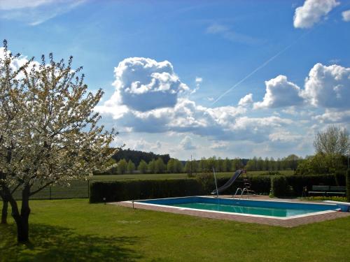 una piscina en un patio con un árbol en Märkisches Landhaus & Pension Bartsch, en Berkenbrück