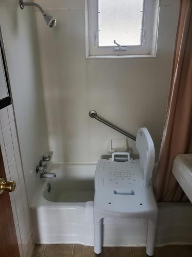 a bathroom with a white tub and a toilet and a window at Golden Gate Lodging in Plattsburgh