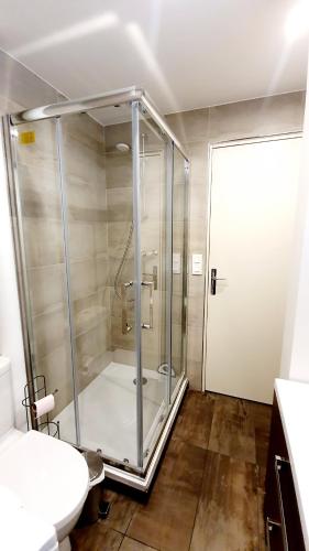 La salle de bains est pourvue d'une douche en verre et d'un lavabo. dans l'établissement Le studio Cosy d'Angelique et David avec Parking, à Rambouillet