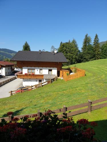 a house on a hill with a green yard at Haus Theresia in Alpbach