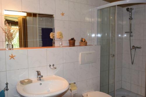 a bathroom with a sink and a shower and a toilet at Alpakatherapie und Ferienhof Charlottenthal in Charlottenthal